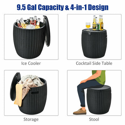 9.5 Gallon All-weather Wicker Cool Bar Ice Cooler 4-in-1 Cooler Bar Stool Cocktail Table Side Storage Table with Convenient Lid