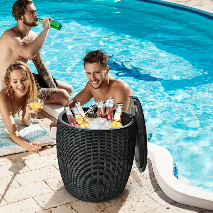 9.5 Gallon All-weather Wicker Cool Bar Ice Cooler 4-in-1 Cooler Bar Stool Cocktail Table Side Storage Table with Convenient Lid