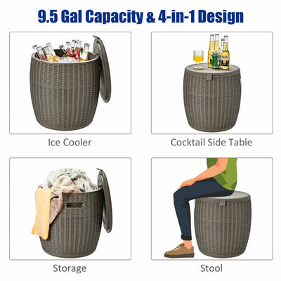 9.5 Gallon All-weather Wicker Cool Bar Ice Cooler 4-in-1 Cooler Bar Stool Cocktail Table Side Storage Table with Convenient Lid