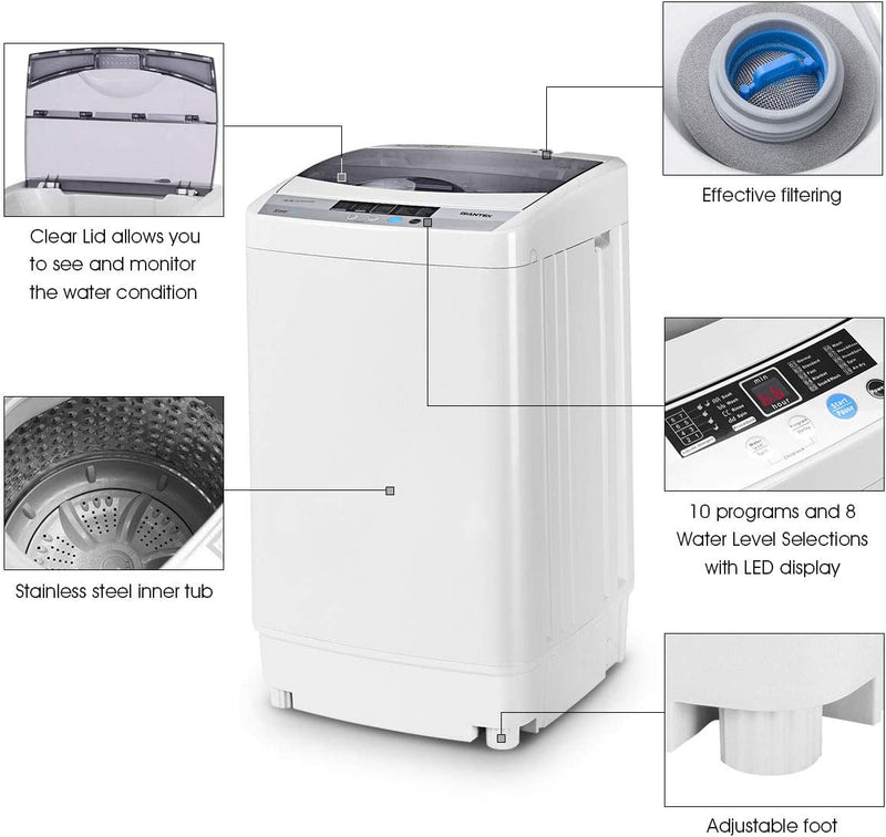 9.92 LBS Portable Full-Automatic Washing Machine 8 Water Level Compact Laundry Washer Dryer Combo with Built-in Drain Pump and LED Display