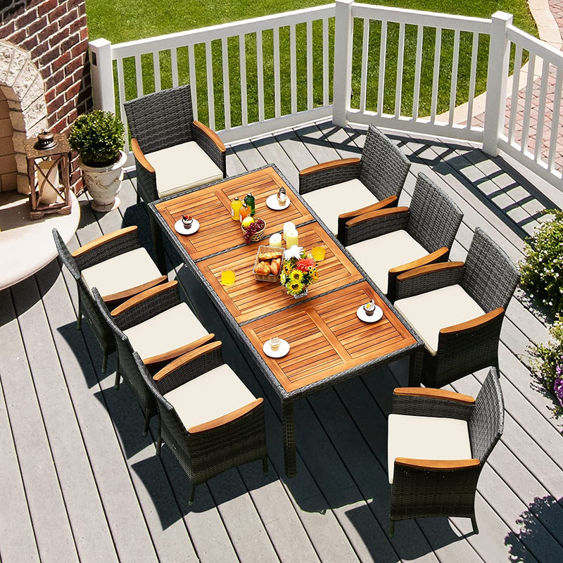 9 Pieces Patio Rattan Dining Set Garden Acacia Wood Furniture Set with 1 Rectangular Table and 8 Cushioned Chairs