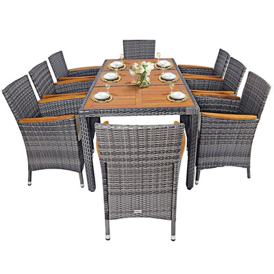 9 Pieces Patio Rattan Dining Set Garden Acacia Wood Furniture Set with 1 Rectangular Table and 8 Cushioned Chairs