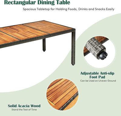 9 Pieces Patio Rattan Dining Set Garden Acacia Wood Furniture Set with 1 Rectangular Table and 8 Cushioned Chairs