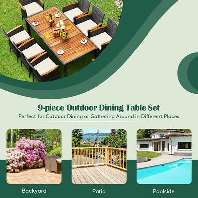 9 Pieces Patio Rattan Dining Set Garden Acacia Wood Furniture Set with 1 Rectangular Table and 8 Cushioned Chairs