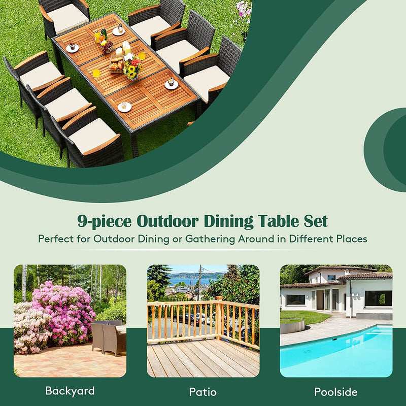9 Pieces Patio Rattan Dining Set Garden Acacia Wood Furniture Set with 1 Rectangular Table and 8 Cushioned Chairs