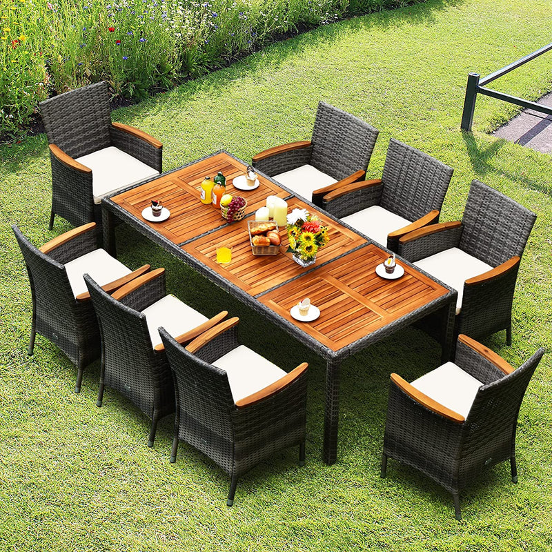 9 Pieces Patio Rattan Dining Set Garden Acacia Wood Furniture Set with 1 Rectangular Table and 8 Cushioned Chairs