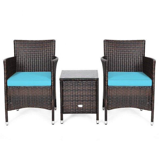 3 Pieces Patio Wicker Rattan Furniture Conversation Set with Coffee Table and Cushion