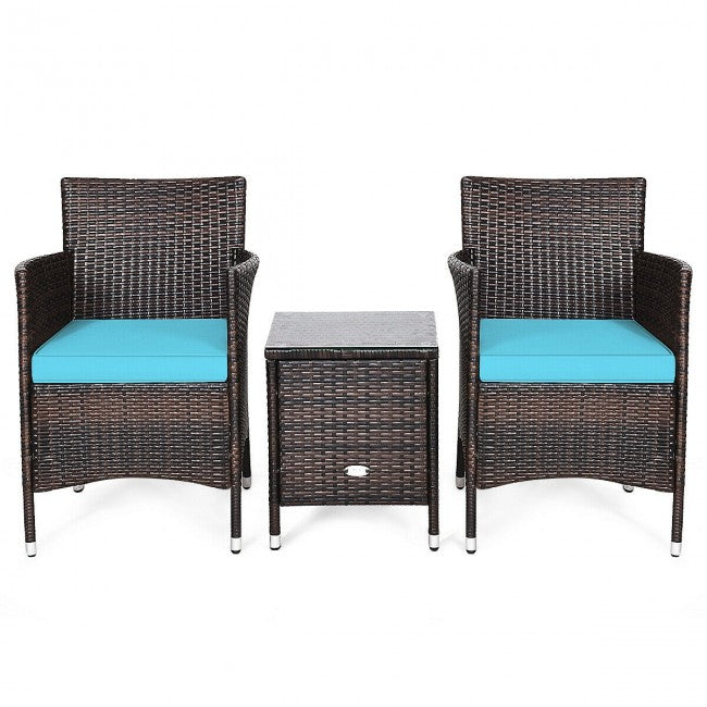 3 Pieces Patio Wicker Rattan Furniture Conversation Set with Coffee Table and Cushion