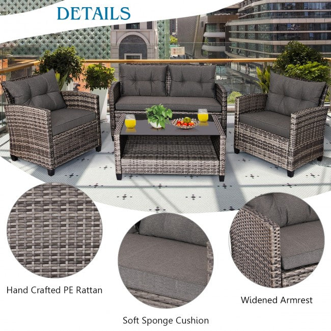 4 Pieces Patio Rattan Furniture Set Coffee Table Cushioned Sofa Set