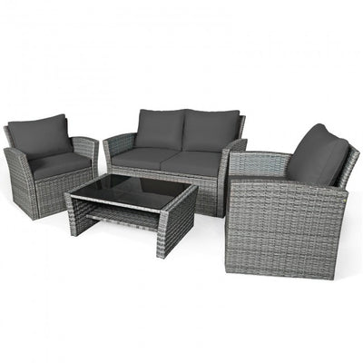 4 Pcs Patio Rattan Furniture Sofa Table Set with Storage Shelf Cushion