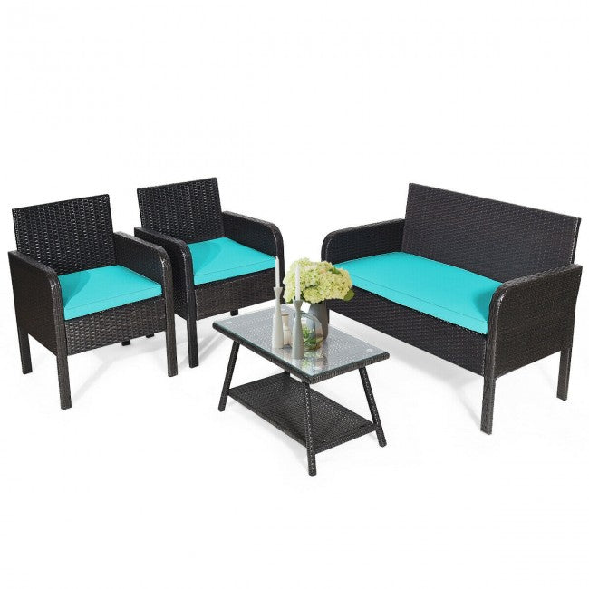 4Pcs Patio Rattan Wicker Furniture Set Conversation Sofa Bench Cushion