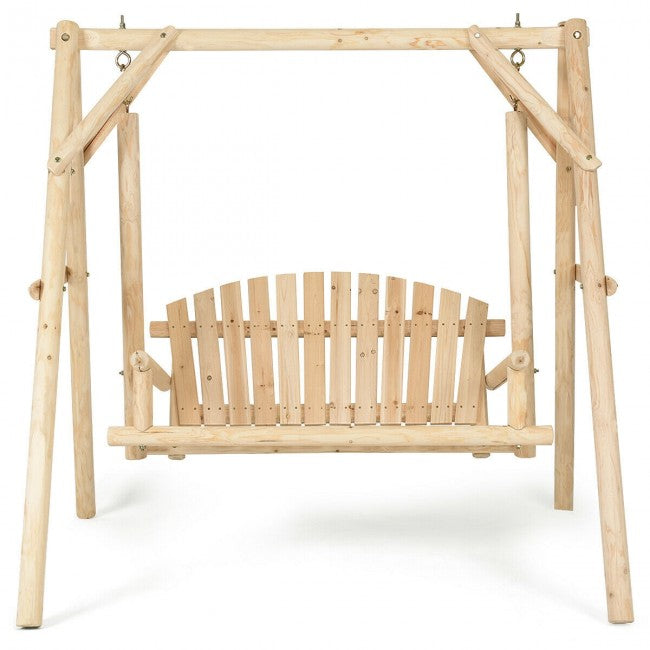 2 Person Outdoor Wooden Swing Chair Patio Porch Bench with A-Frame