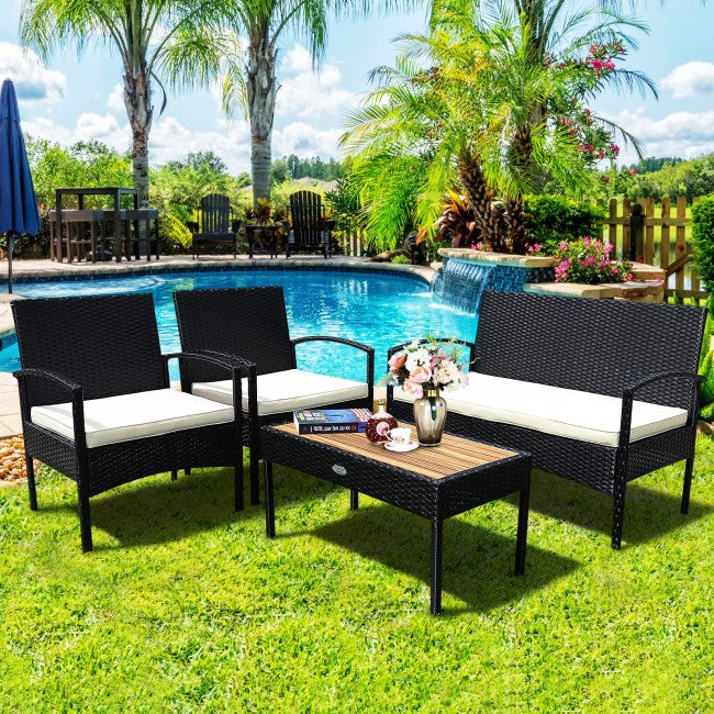 4 Pieces Patio Rattan Furniture Set Sofa Chair Coffee Table with Cushion