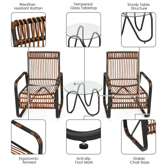 3 Pieces Outdoor Rattan Furniture Set Patio Conversation Set with Tempered Glass Table