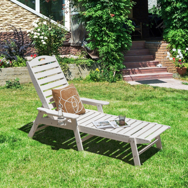 All-Weather Patio Lounge Chair Outdoor Chaise Lounger with Adjustable Backrest and Cup Holder