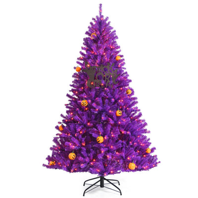 Artificial Prelit Purple Halloween Tree with Orange Lights and Pumpkin Ornaments