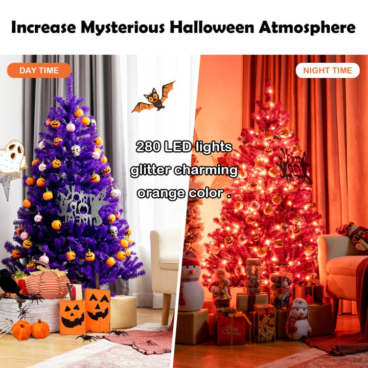 Artificial Prelit Purple Halloween Tree with Orange Lights and Pumpkin Ornaments