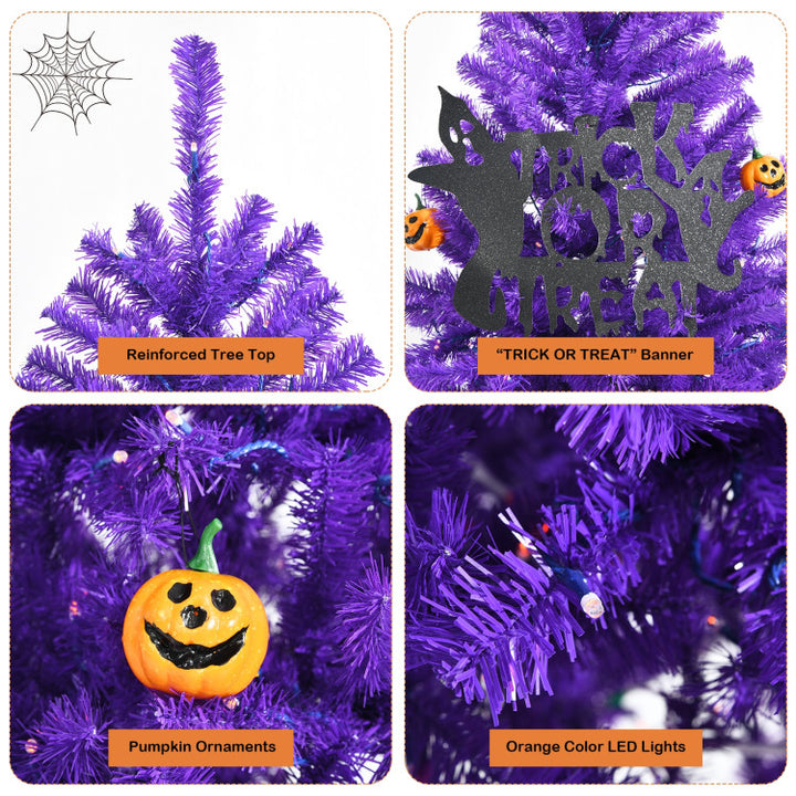 Artificial Prelit Purple Halloween Tree with Orange Lights and Pumpkin Ornaments