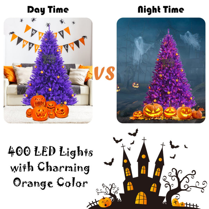 Artificial Prelit Purple Halloween Tree with Orange Lights and Pumpkin Ornaments