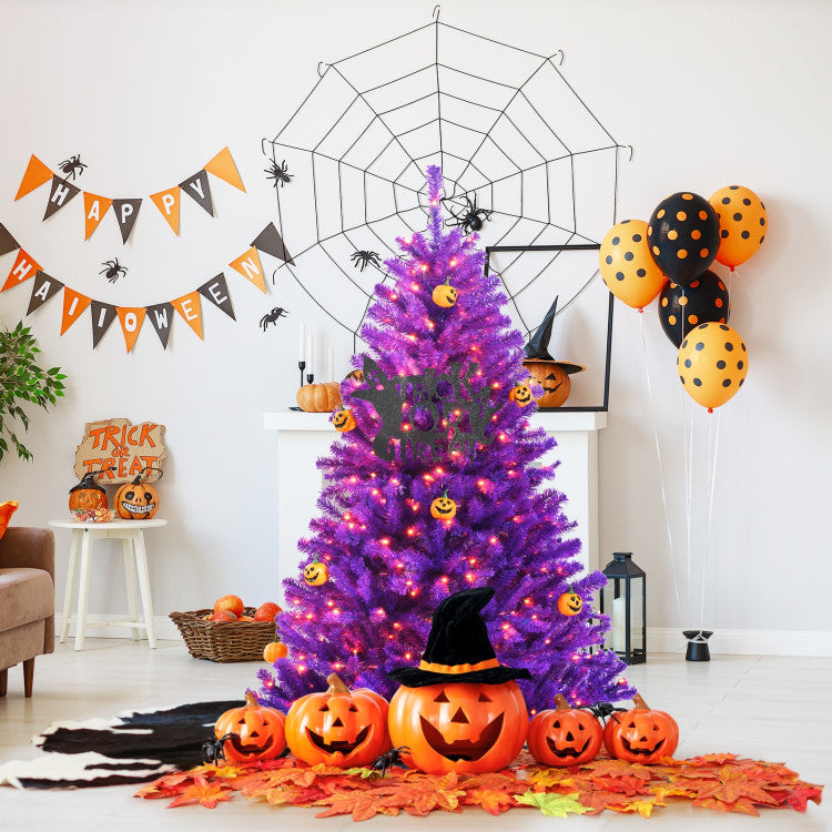 Artificial Prelit Purple Halloween Tree with Orange Lights and Pumpkin Ornaments