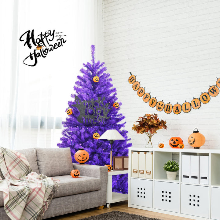Artificial Prelit Purple Halloween Tree with Orange Lights and Pumpkin Ornaments