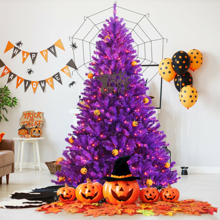 Artificial Prelit Purple Halloween Tree with Orange Lights and Pumpkin Ornaments