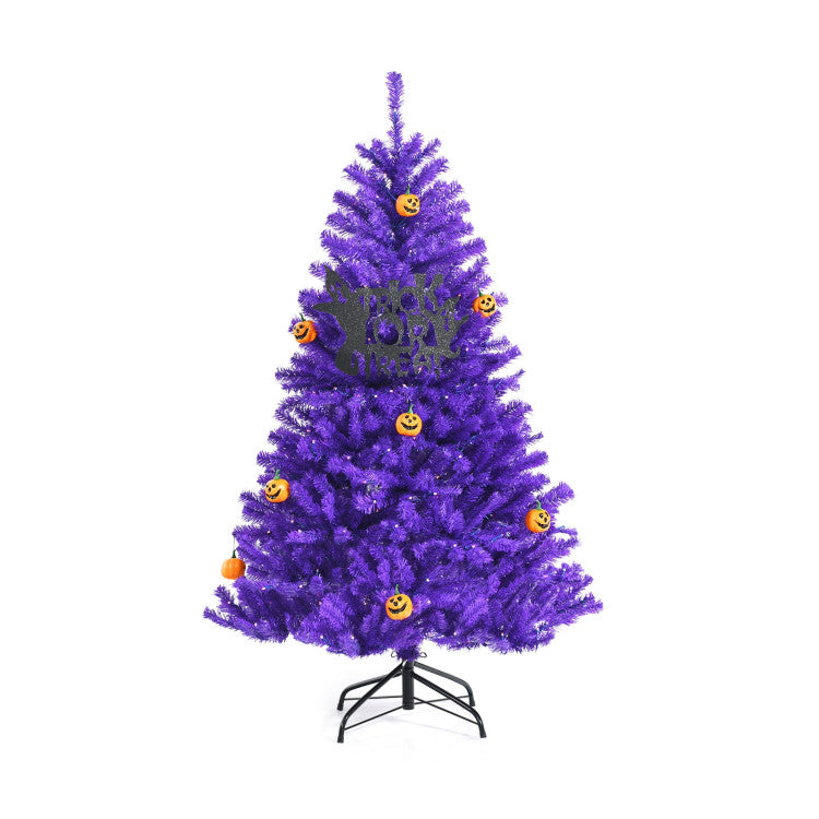 Artificial Prelit Purple Halloween Tree with Orange Lights and Pumpkin Ornaments