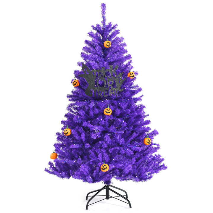 Artificial Prelit Purple Halloween Tree with Orange Lights and Pumpkin Ornaments