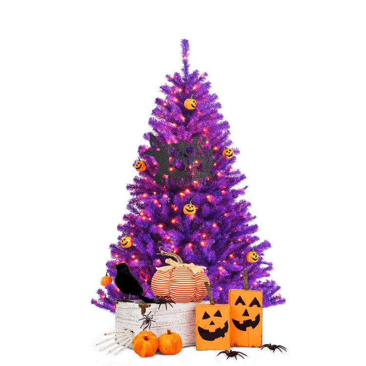 Artificial Prelit Purple Halloween Tree with Orange Lights and Pumpkin Ornaments