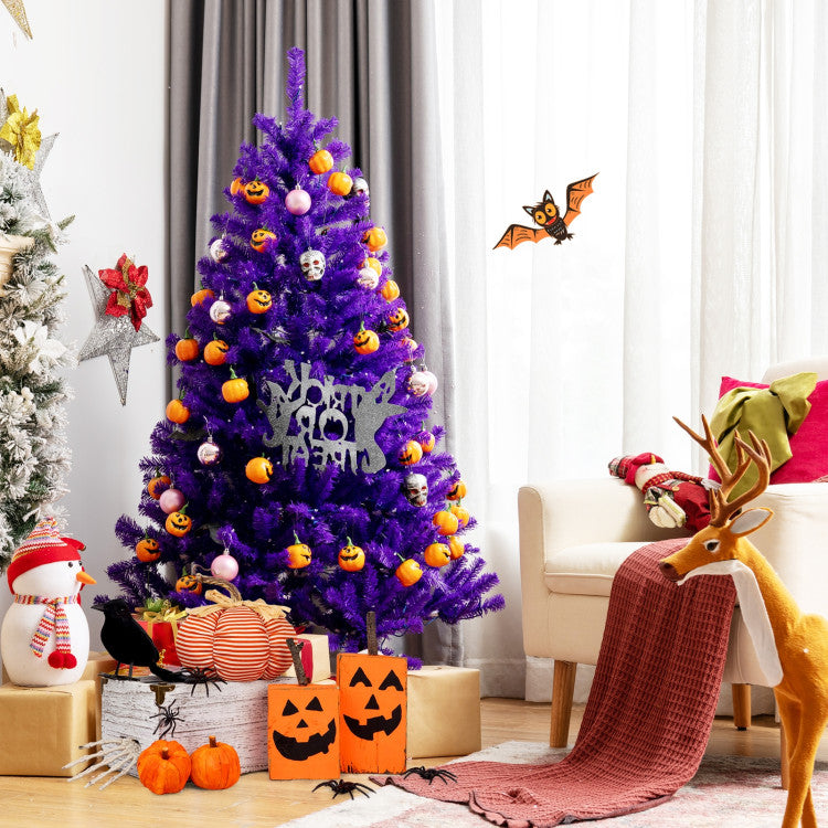 Artificial Prelit Purple Halloween Tree with Orange Lights and Pumpkin Ornaments