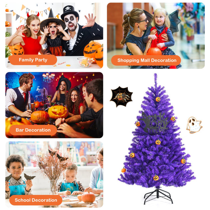 Artificial Prelit Purple Halloween Tree with Orange Lights and Pumpkin Ornaments
