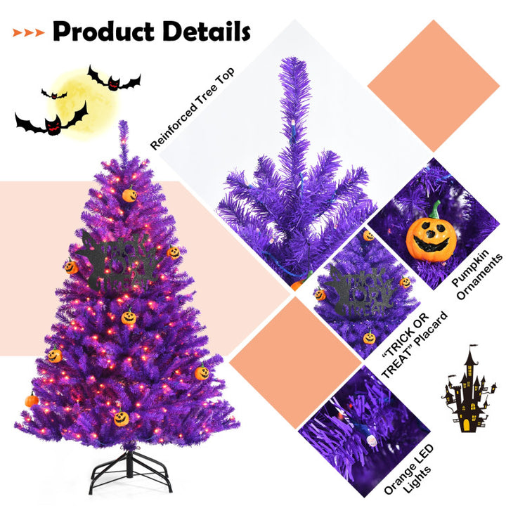 Artificial Prelit Purple Halloween Tree with Orange Lights and Pumpkin Ornaments