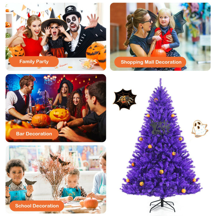 Artificial Prelit Purple Halloween Tree with Orange Lights and Pumpkin Ornaments