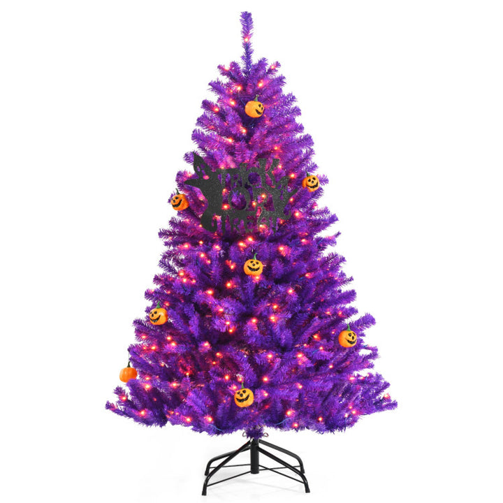 Artificial Prelit Purple Halloween Tree with Orange Lights and Pumpkin Ornaments