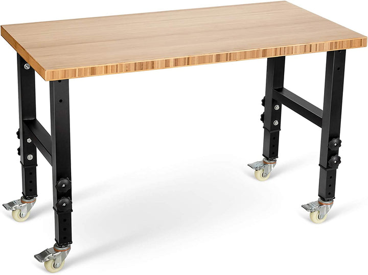 48" x 24" Bamboo Mobile Adjustable Work Bench Heavy Duty Wood Top Work Table Hardwood Workstation with Casters