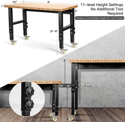 48" x 24" Bamboo Mobile Adjustable Work Bench 2200LBS Heavy Duty Wood Top Work Table Hardwood Workstation with Casters