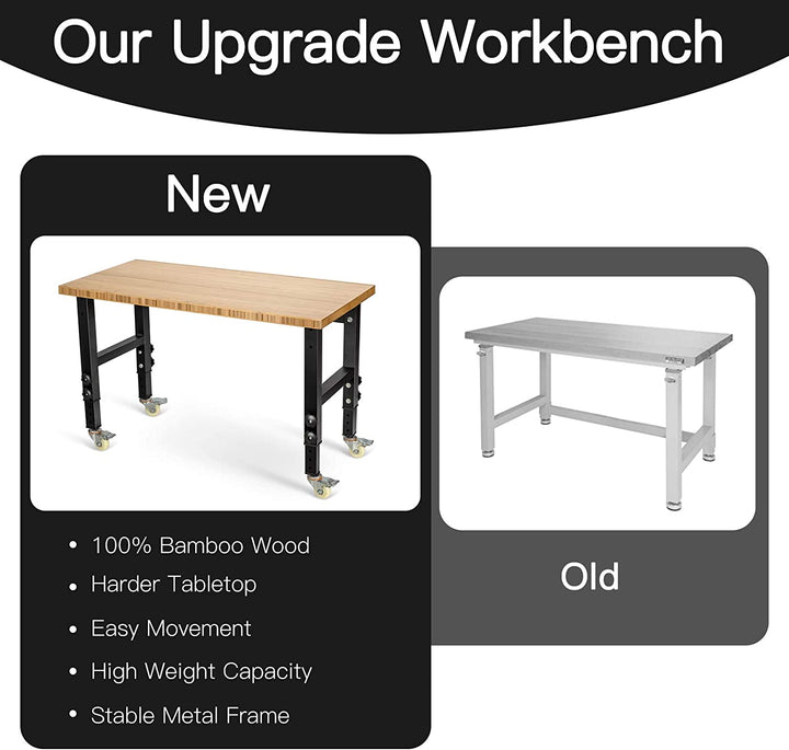 48" x 24" Bamboo Mobile Adjustable Work Bench Heavy Duty Wood Top Work Table Hardwood Workstation with Casters