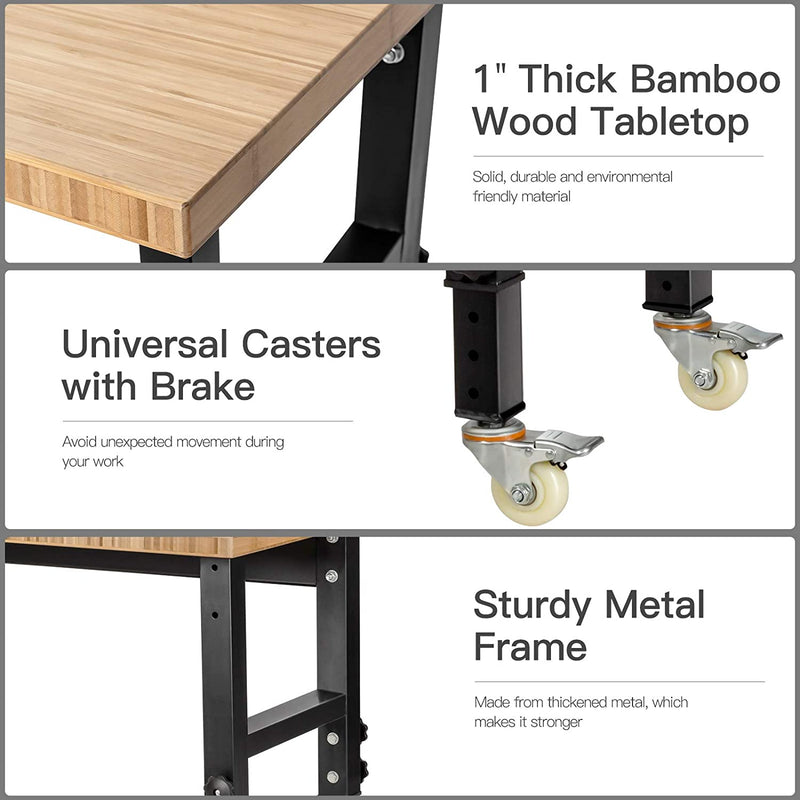 48" x 24" Bamboo Mobile Adjustable Work Bench 2200LBS Heavy Duty Wood Top Work Table Hardwood Workstation with Casters