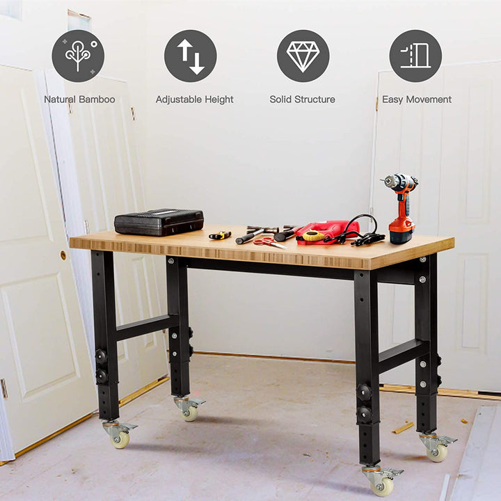 48" x 24" Bamboo Mobile Adjustable Work Bench Heavy Duty Wood Top Work Table Hardwood Workstation with Casters