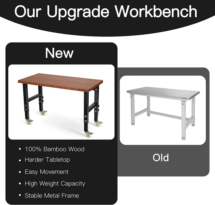48" x 24" Bamboo Mobile Adjustable Work Bench Heavy Duty Wood Top Work Table Hardwood Workstation with Casters