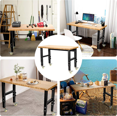 48" x 24" Bamboo Mobile Adjustable Work Bench 2200LBS Heavy Duty Wood Top Work Table Hardwood Workstation with Casters