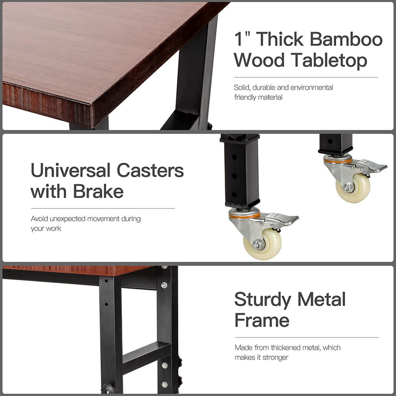 48" x 24" Bamboo Mobile Adjustable Work Bench 2200LBS Heavy Duty Wood Top Work Table Hardwood Workstation with Casters