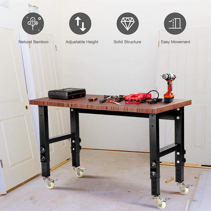 48" x 24" Bamboo Mobile Adjustable Work Bench Heavy Duty Wood Top Work Table Hardwood Workstation with Casters