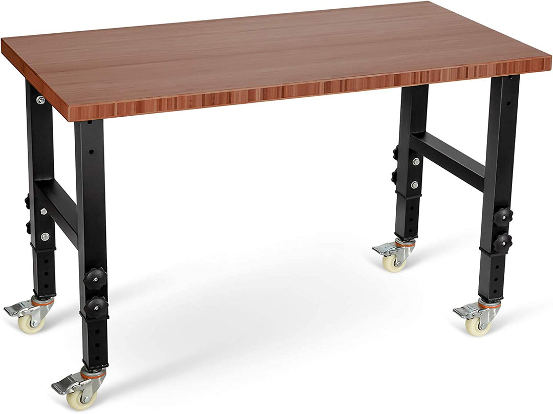 48" x 24" Bamboo Mobile Adjustable Work Bench Heavy Duty Wood Top Work Table Hardwood Workstation with Casters