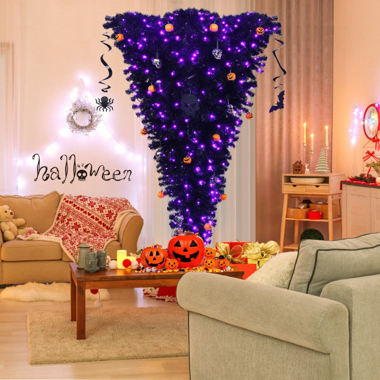 Black Upside Down 7 Feet Artificial Halloween Pine Tree with Decorations and 400 Purple LED Lights