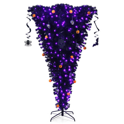 Black Upside Down 7 Feet Artificial Halloween Pine Tree with Decorations and 400 Purple LED Lights