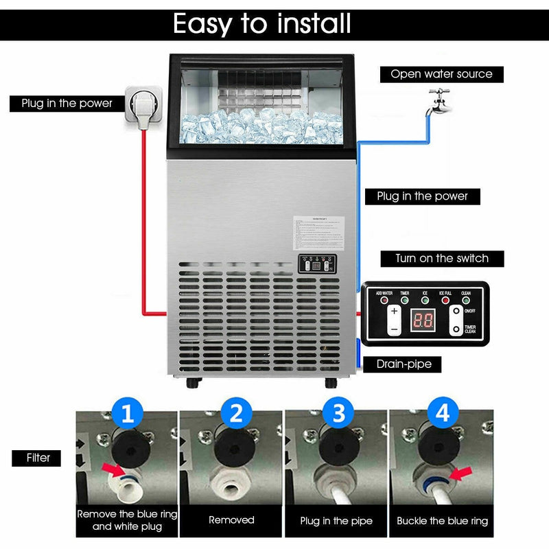 110LBS 24H Portable Built-In Stainless Steel Commercial Ice Maker Machine with Full Set of Accessories-Canada Only