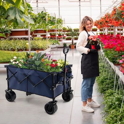 Collapsible Wagon Foldable Heavy Duty Steel Utility Garden Grocery Cart with Adjustable Handle and Wide Wheels