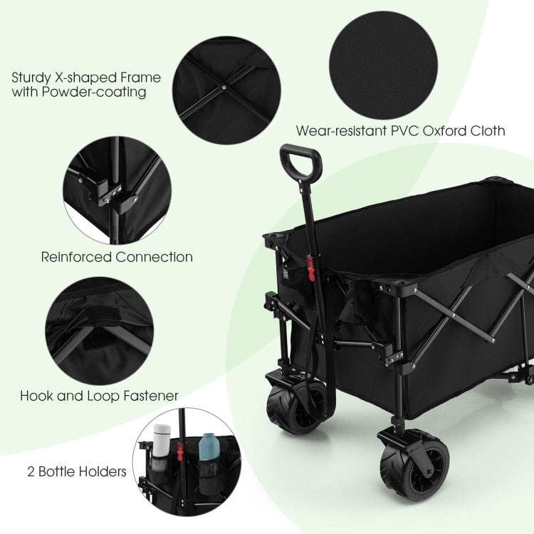 Collapsible Wagon Foldable Heavy Duty Steel Utility Garden Grocery Cart with Adjustable Handle and Wide Wheels