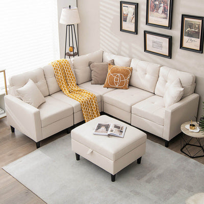 Convertible Corner Sofa L-shaped Sectional Couch with Storage Ottoman and 2 Removable Pillows